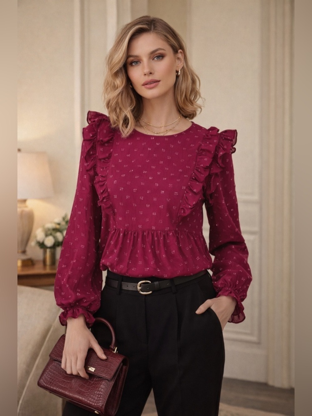 NWT | Ella Moon | Ruffled Long Sleeve Keyhole Boho Blouse - Size S